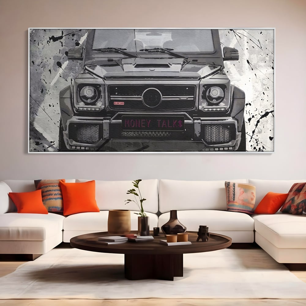 Tablou canvas cu tablou canvas cu masina mercedes neagra, in rama de aluminiu argintiu, pe perete intr-un living
